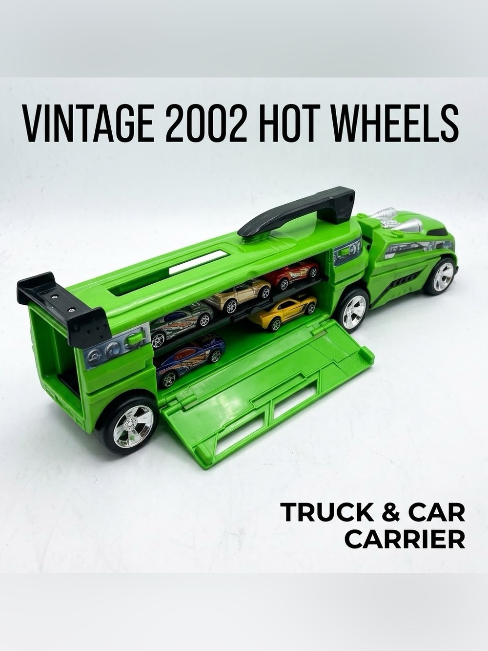 Vintage 2002 Hot Wheels Green Semi Truck Trailer Car Carrying Transporter Rig
